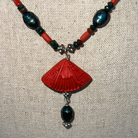 Handmade Artisan Pearl Necklace with Carved Fan Drop - Picture 2 of 8